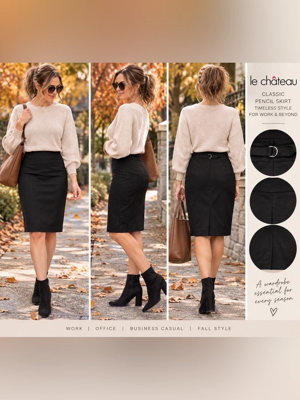 Le Château Black Pencil Skirt 9/10 Made in Canada Belted Office Vintage